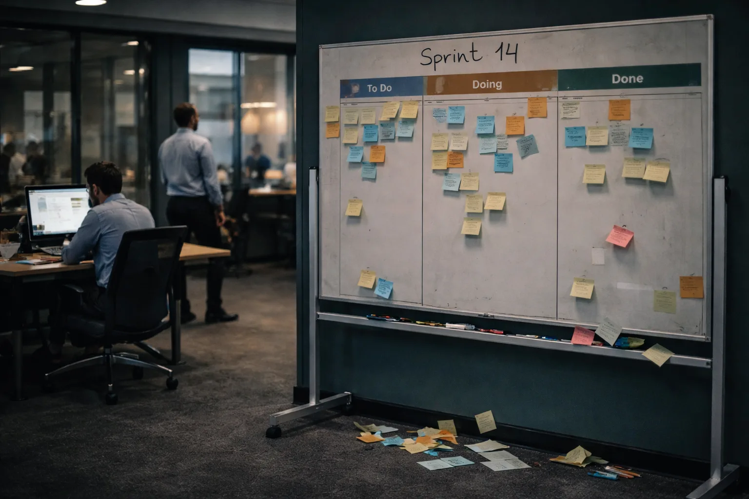 Tablero Scrum abandonado en oficina con equipo trabajando en silos