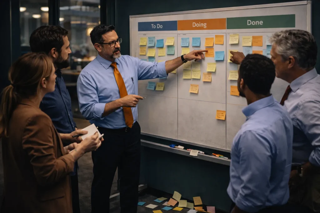 Consultor facilitando equipo con tablero Kanban organizado en laboratorio de transformación