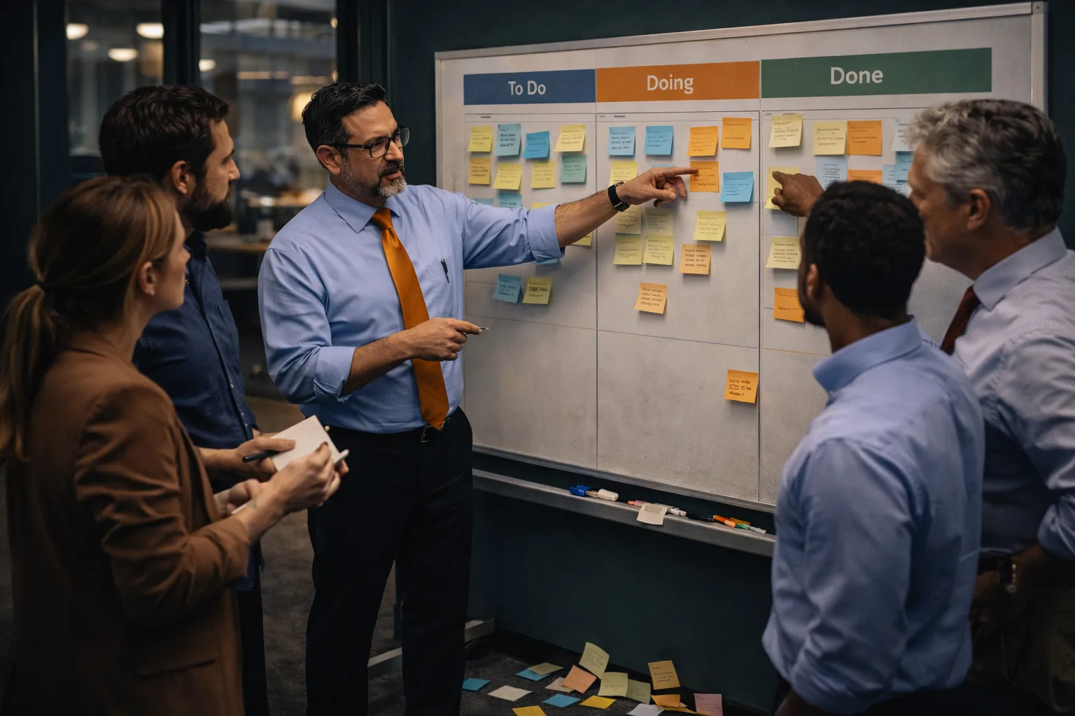 Consultor facilitando equipo con tablero Kanban organizado en laboratorio de transformación