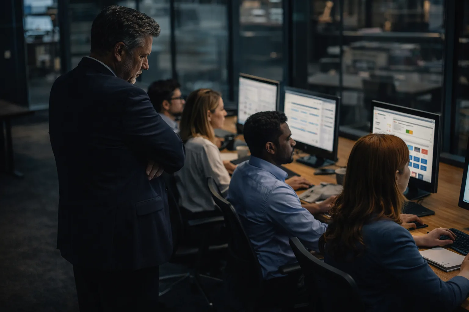 Gerente supervisando a su equipo desde atrás en un modelo de control