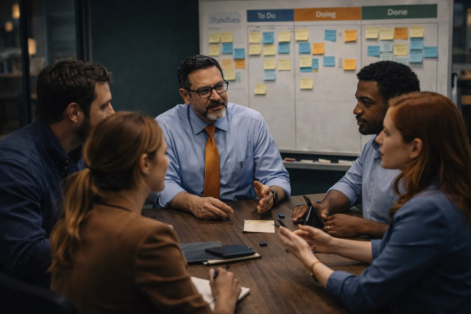 Líder ágil sentado al mismo nivel que su equipo, escuchando y facilitando