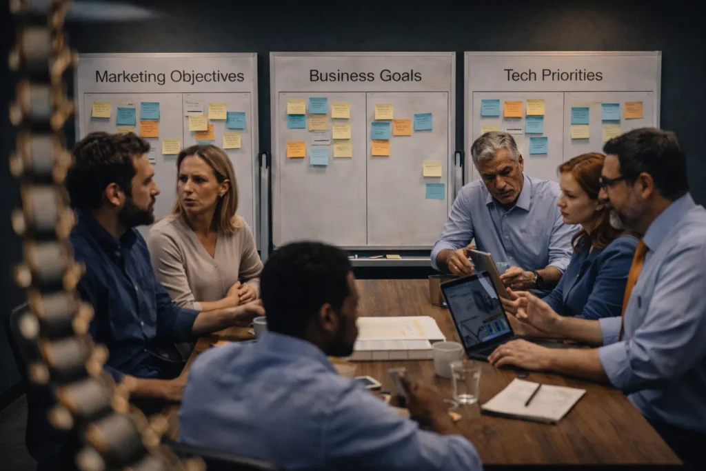 Equipo directivo desalineado, cada uno mirando su propia pantalla sin conexión con la estrategia