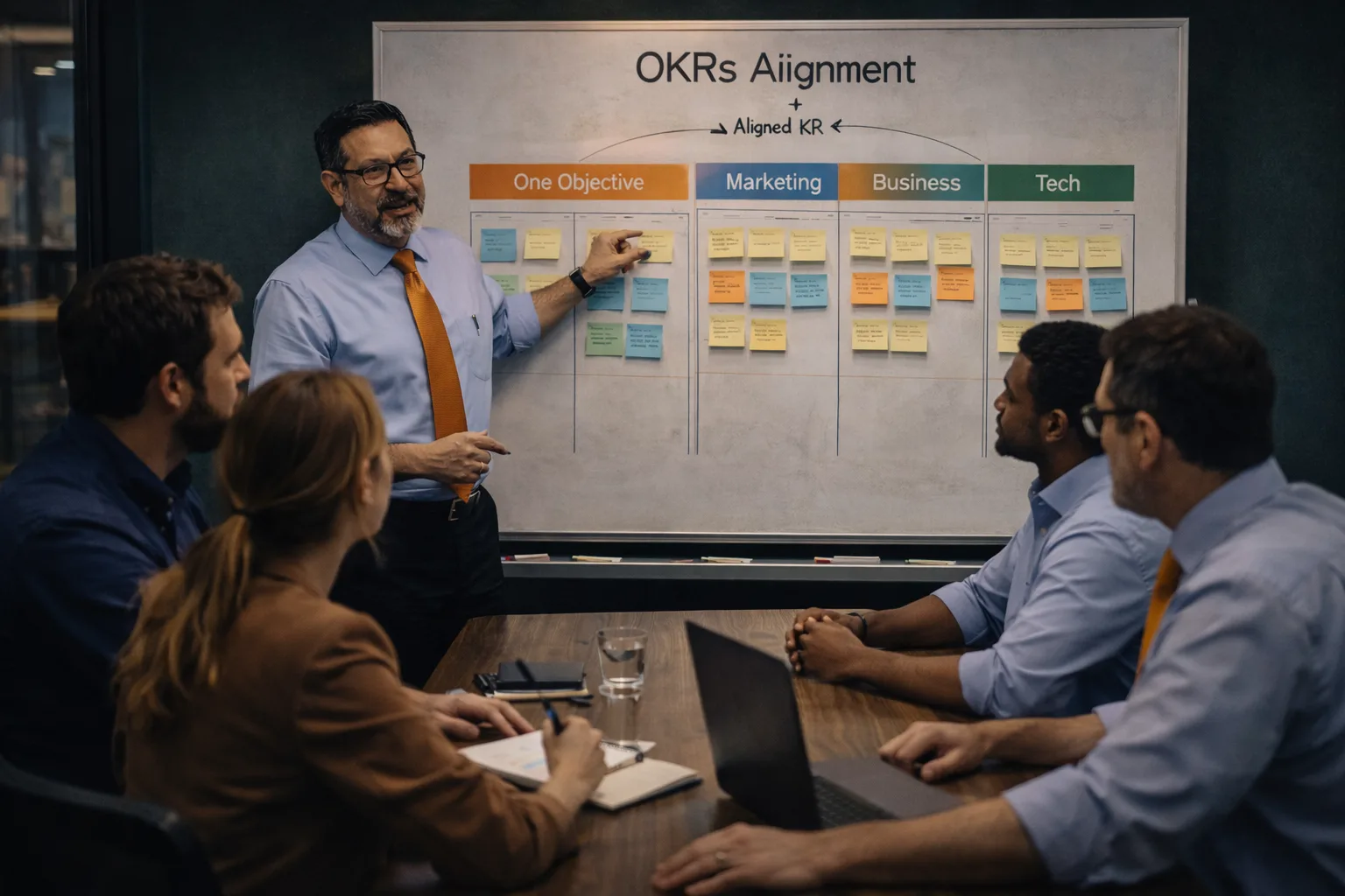 Consultor facilitando sesión de OKRs con equipo directivo alineado