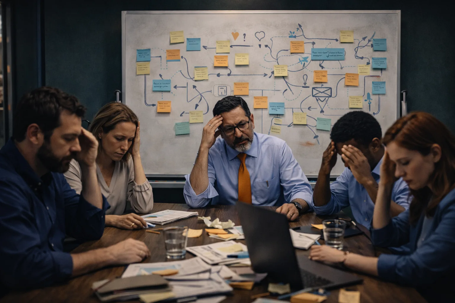 Proceso organizacional caótico representado en pizarrón con flujos cruzados y confusos