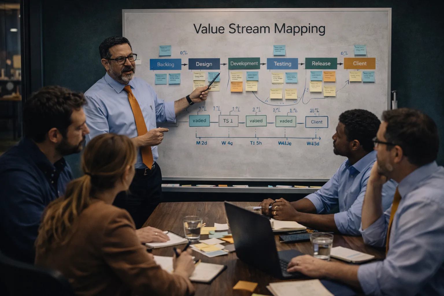 Consultor facilitando sesión de Value Stream Mapping con equipo y proceso mapeado en pizarrón