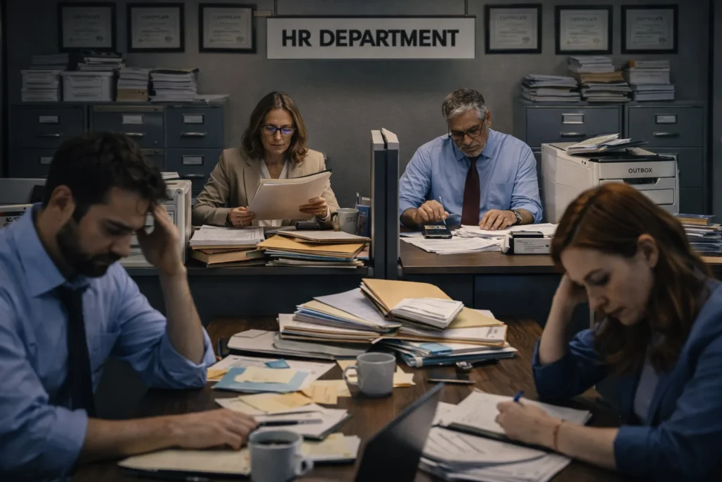 Oficina de recursos humanos tradicional con burocracia y pilas de papel