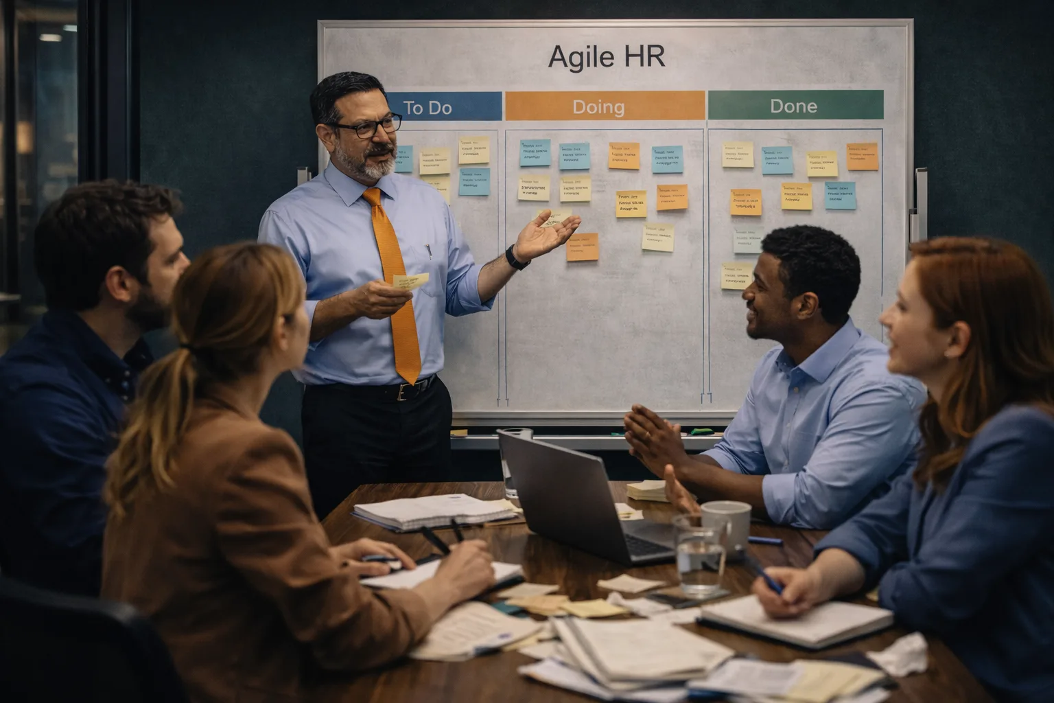 Equipo de RH trabajando con metodologías ágiles en taller de transformación