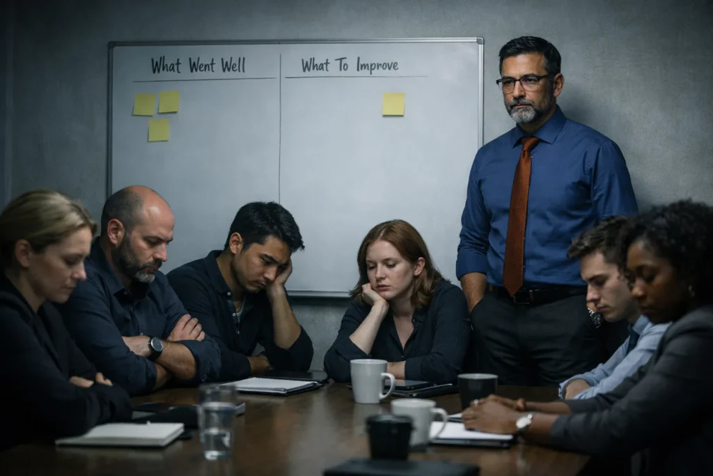 Equipo en reunión donde nadie se atreve a hablar con honestidad