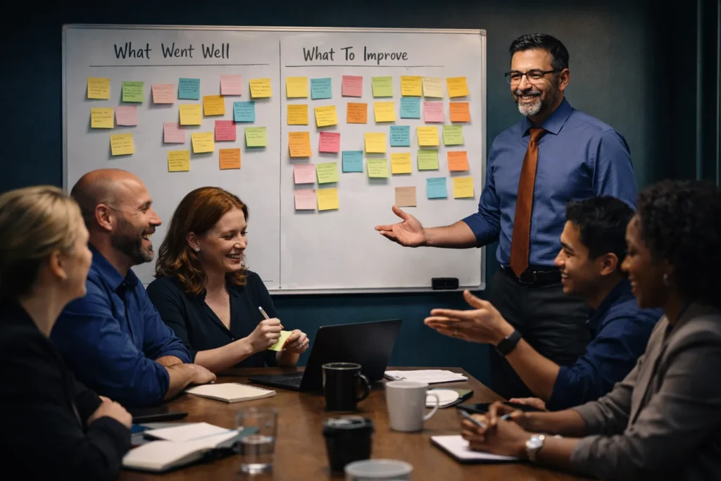 Equipo en retrospectiva abierta con seguridad psicológica y confianza