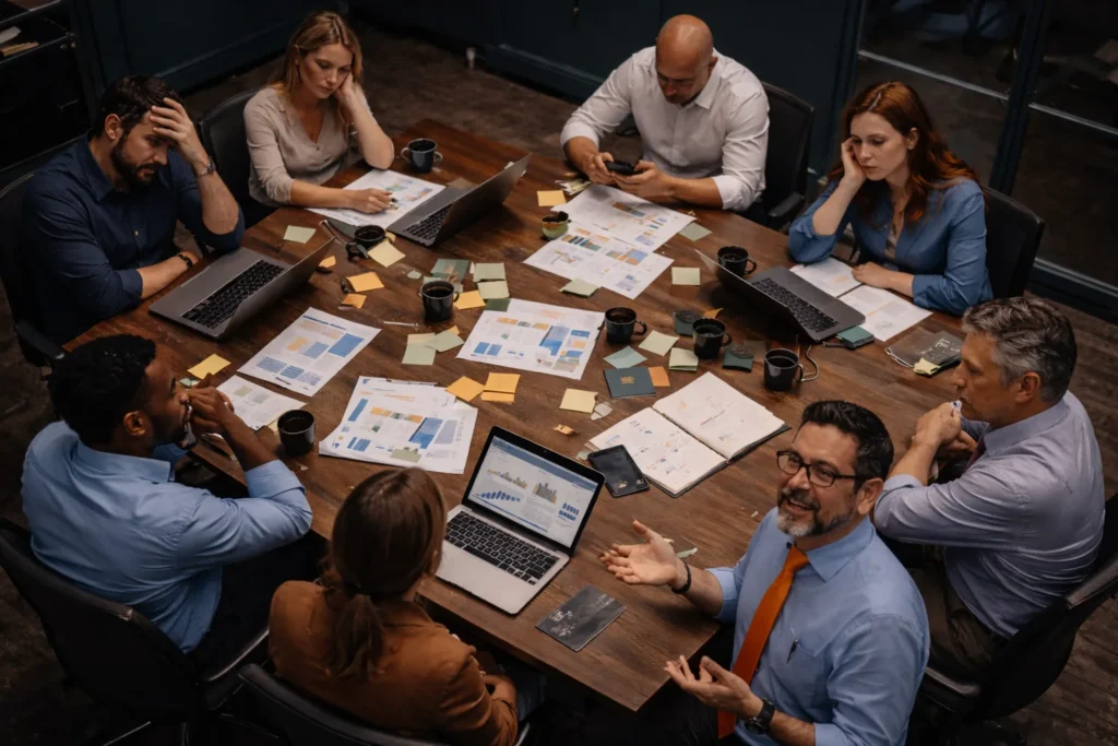 Equipo en sala de juntas con señales de estancamiento organizacional