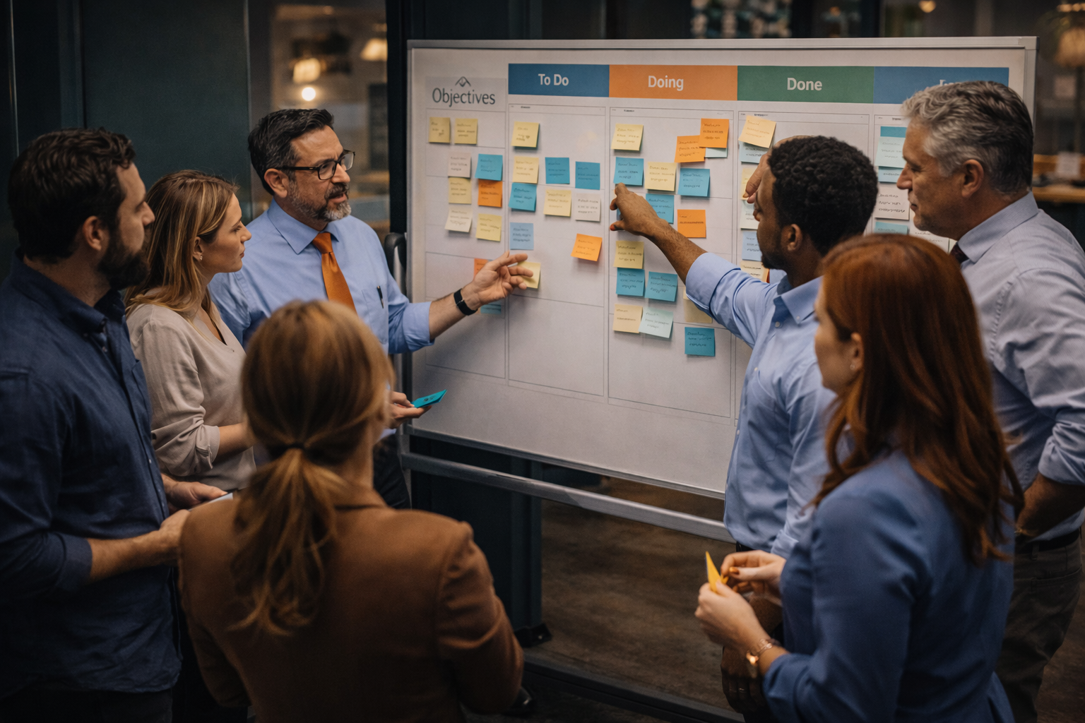 Equipo rediseñando su forma de trabajar con tablero Kanban y facilitación