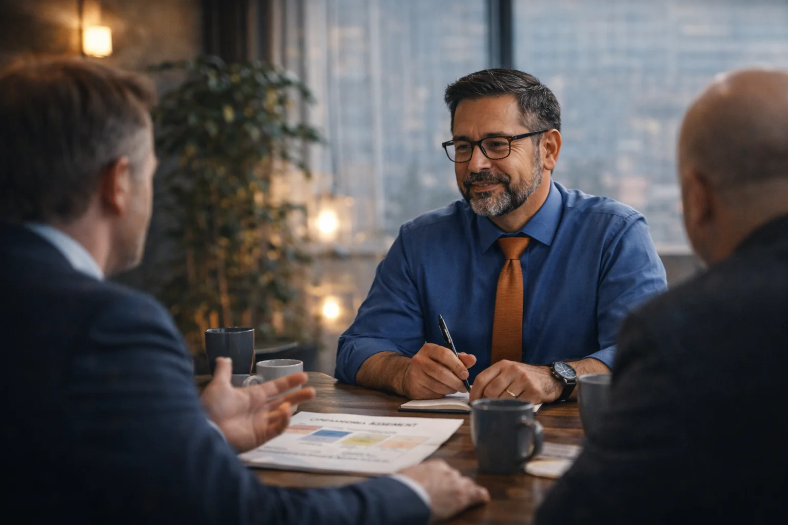 Consultor escuchando a ejecutivos en reunión de diagnóstico organizacional