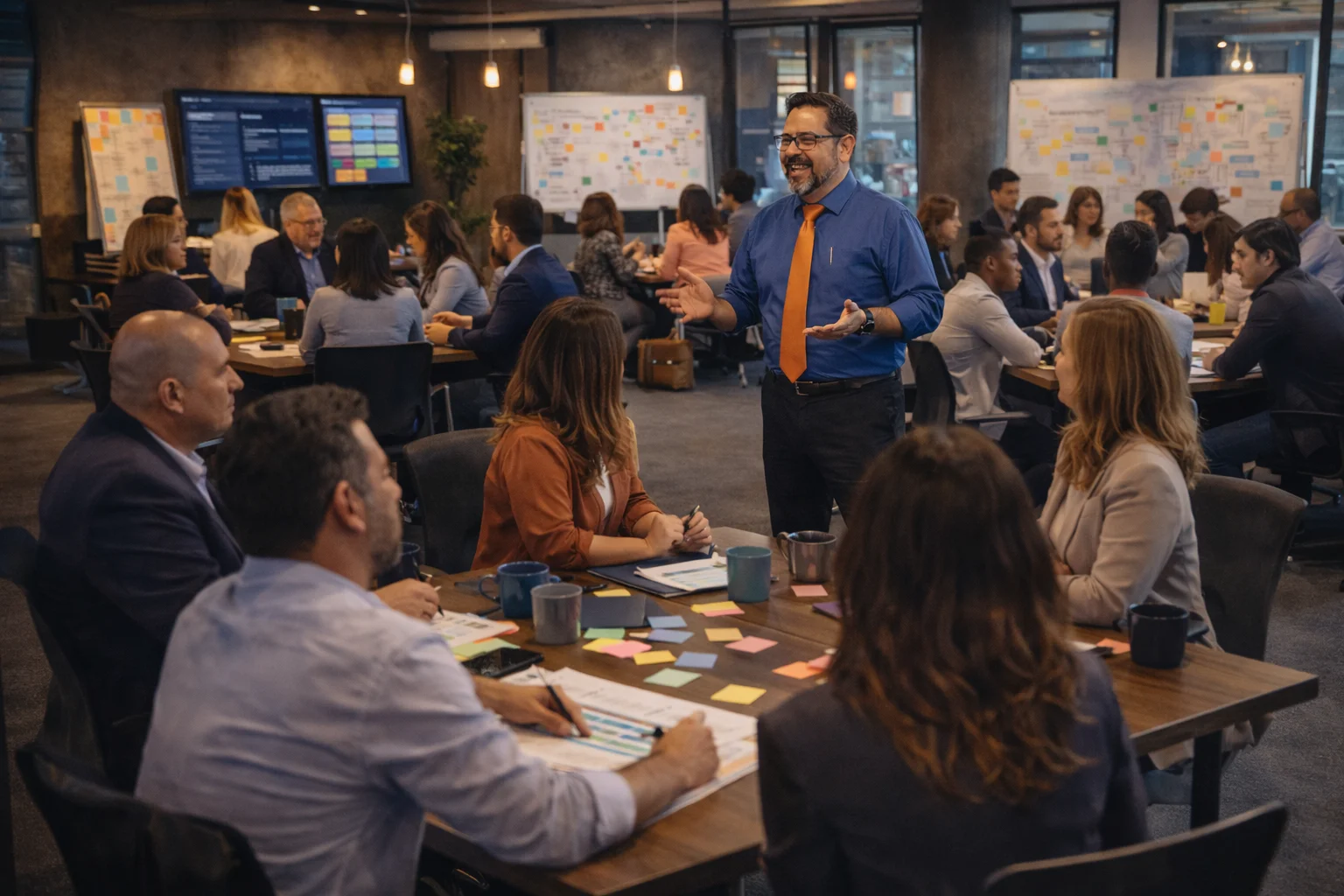 Consultor facilitando workshop de transformación con múltiples equipos en sala grande