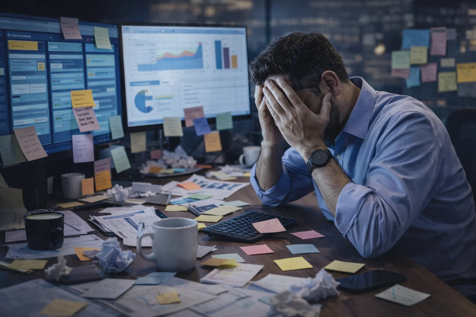 Profesional frustrado en escritorio saturado de tareas y sticky notes