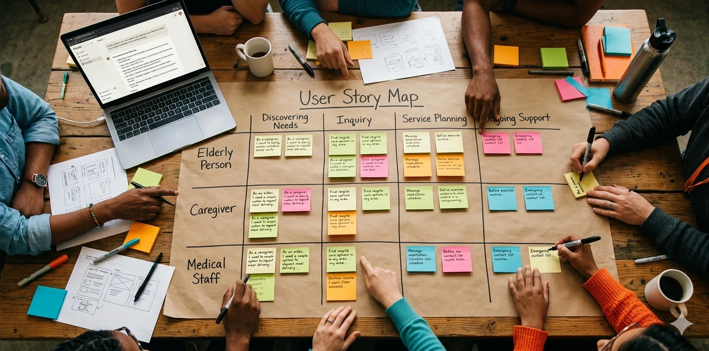 Mesa de workshop con User Story Map y laptop con Claude AI